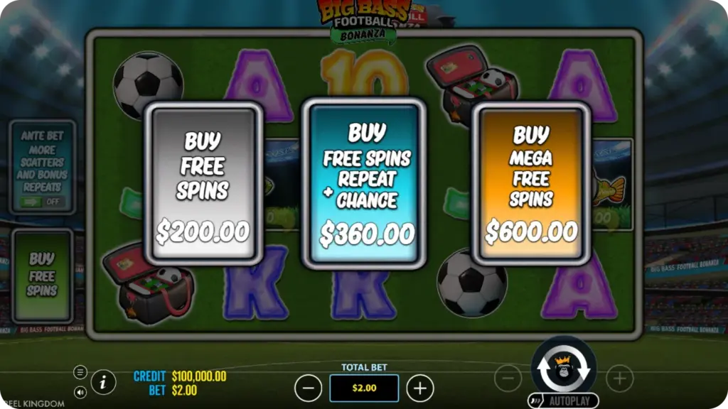 Ante Bet en Bonus Buy opties in Big Bass Football Bonanza