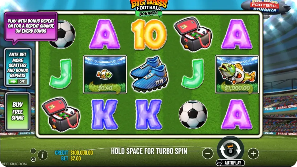 Big Bass Football Bonanza Pragmatic Play rollen op een voetbalveld met geldsymbolen