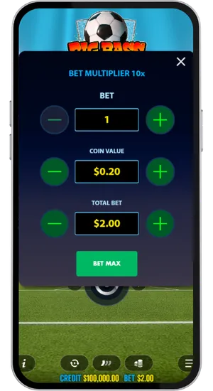 Inzet instellen tussen €0,10 en €250 per spin in Big Bass Football Bonanza